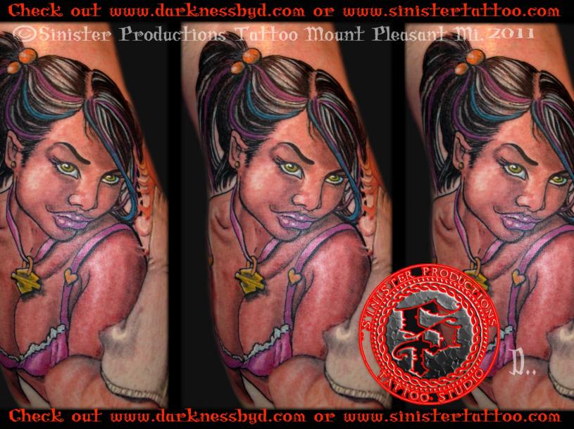 Color pin up tattoo Brunette