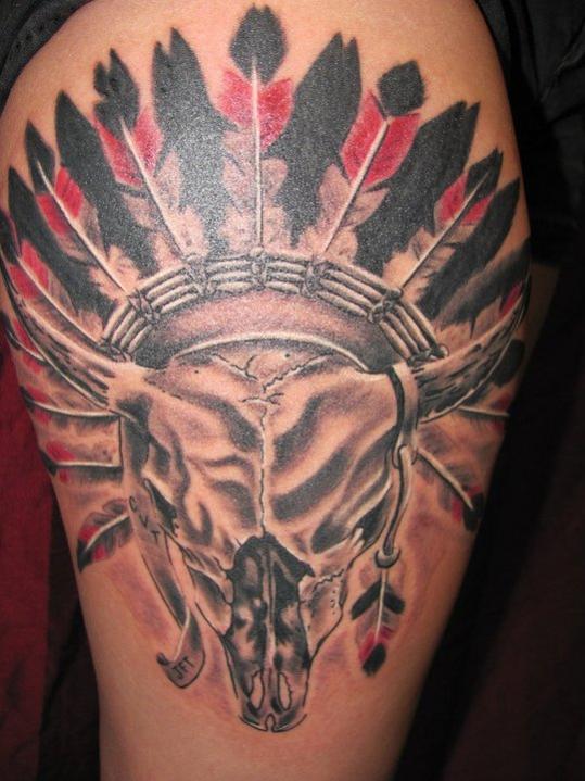 Cow Skull Head Dress Tattoo