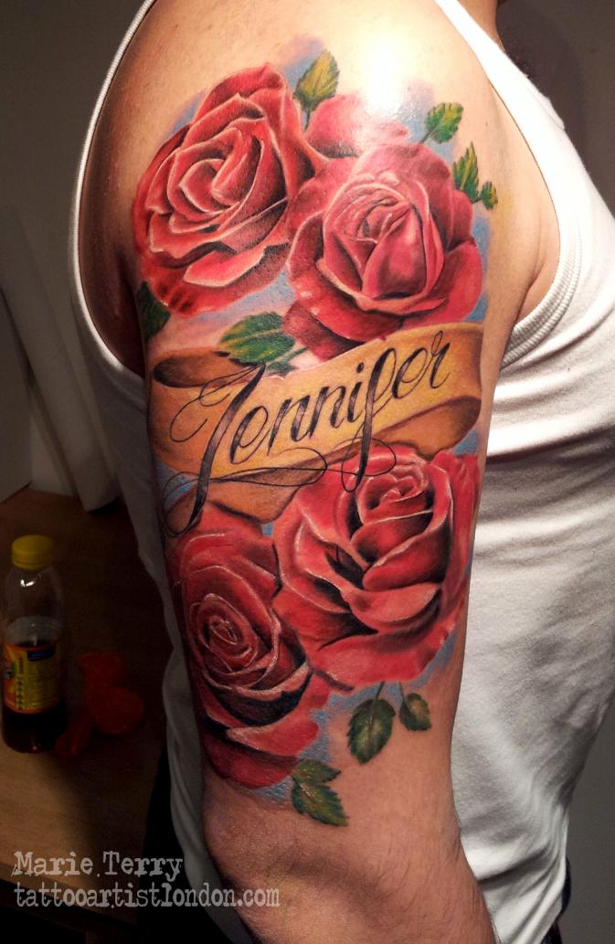 Roses with Banner and Script Tattoo