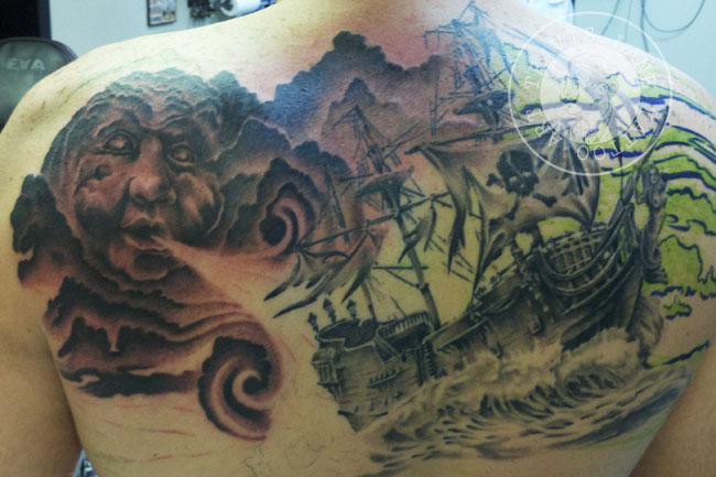 A really fun upper backpiece, bummed he had to take off before I could finish the clouds for this session. Ship is 100% healed. Neotat Vivace and Dynamic ink.