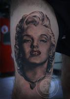 Marilyn on my roommate, tons of fun! About 6 hours of tattoo time with my Neotat Vivace, Dynamic and Intenze inks, curved 9 mag and 15 mag.