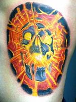 Dallas Tattoo Artist Kayden DiGiovanni Addison Texas skull horror explode ligting bright rib dar