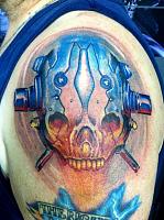 Dallas Tattoo Artist Kayden DiGiovanni biomechanical steampunk mechanical skull color metal